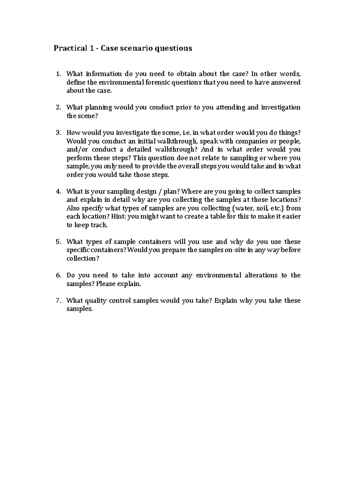 Practical 1: Environmental Forensics Case Scenario Questions - Studocu
