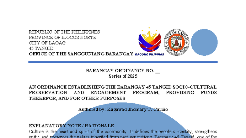 Barangay Ordinance No. __: Establishing the 45 Tangid Preservation ...
