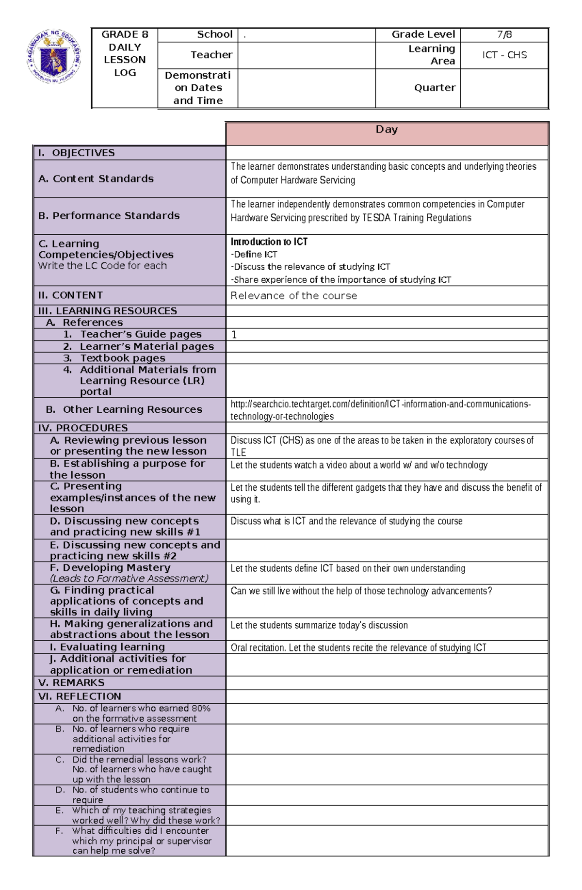 **DLL G7&8 ICT CHS - Daily Lesson Log for Computer Hardware Servicing ...