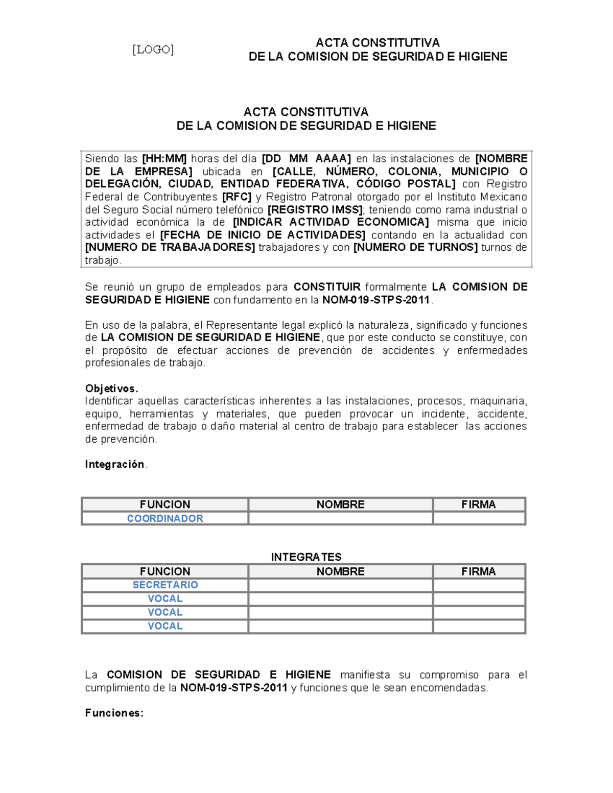 ACTA CONSTITUTIVA DE LA COMISIÓN DE SEGURIDAD E HIGIENE - Studocu