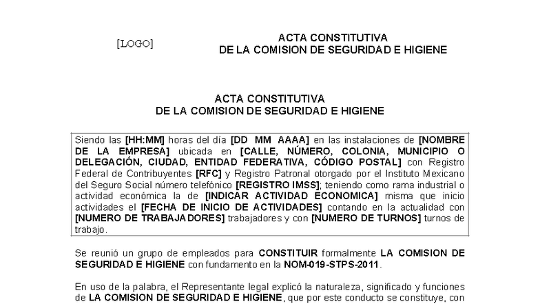 ACTA CONSTITUTIVA DE LA COMISIÓN DE SEGURIDAD E HIGIENE - Studocu