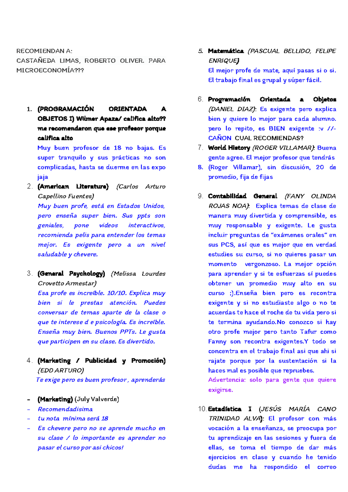 Lista de Profesores Recomendados y No Recomendados para Matricularme - Document Preview
