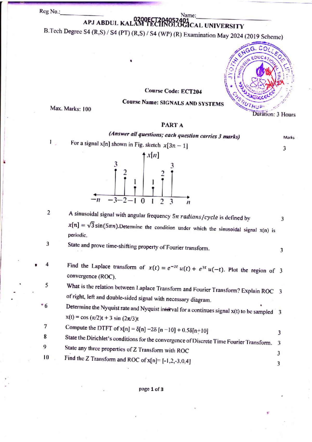 ECT204 Signals and Systems Final Exam May 2024 - Studocu