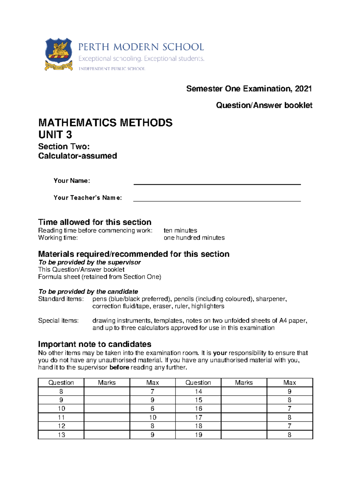 Mathematics Methods 12 S1 CA Exam 2021 - Detailed Instructions ...