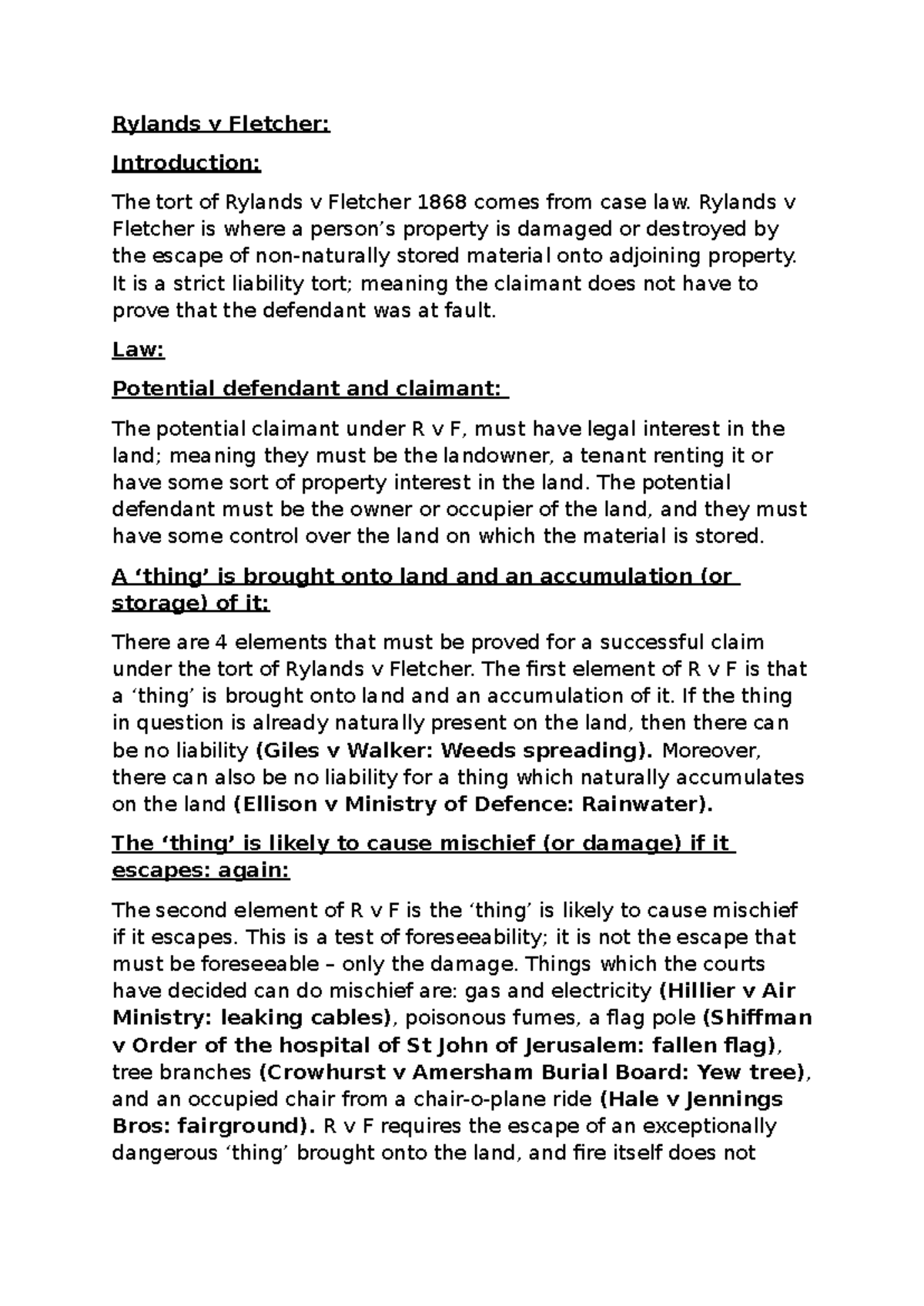 Rylands v Fletcher - AO1 Overview of the Tort and Its Elements - Studocu