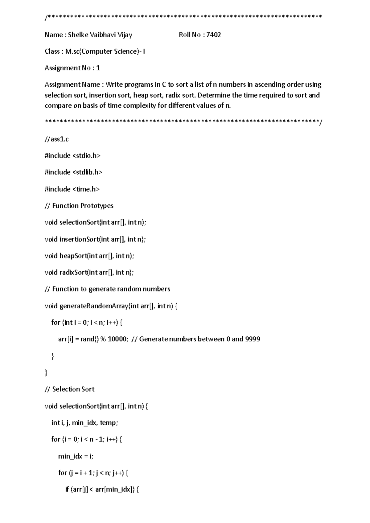 M.Sc. Computer I Assignment 1: C Sorting Algorithms & Time Complexity ...