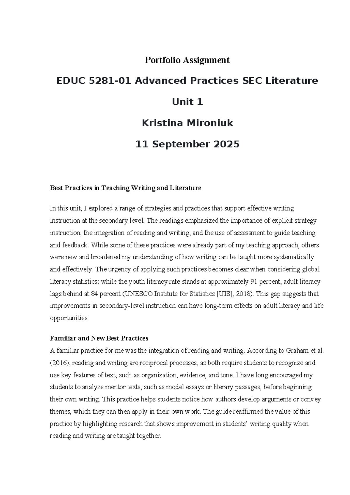 EDUC5281 Portfolio Assignment: Best Practices in Writing Instruction ...