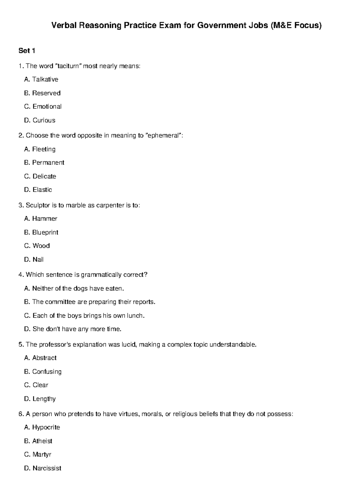 Verbal Reasoning Practice Exam for Government Jobs (Govt M E) Set 1 ...