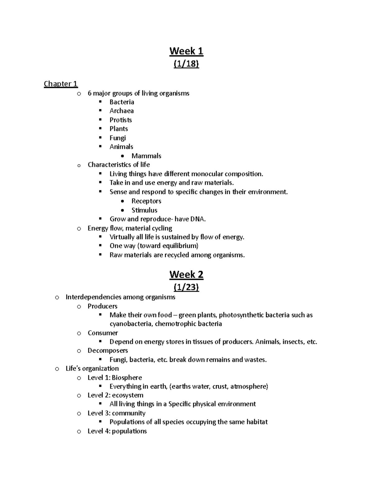 Human Bio Lecture Notes: Week 1-2 Overview of Living Organisms and ...