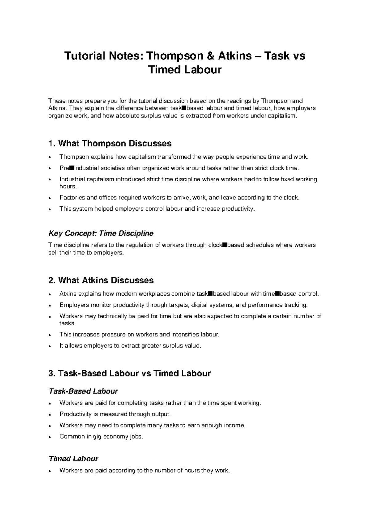 Thompson & Atkins Tutorial Notes: Labour vs Timed Labour Analysis - Studocu