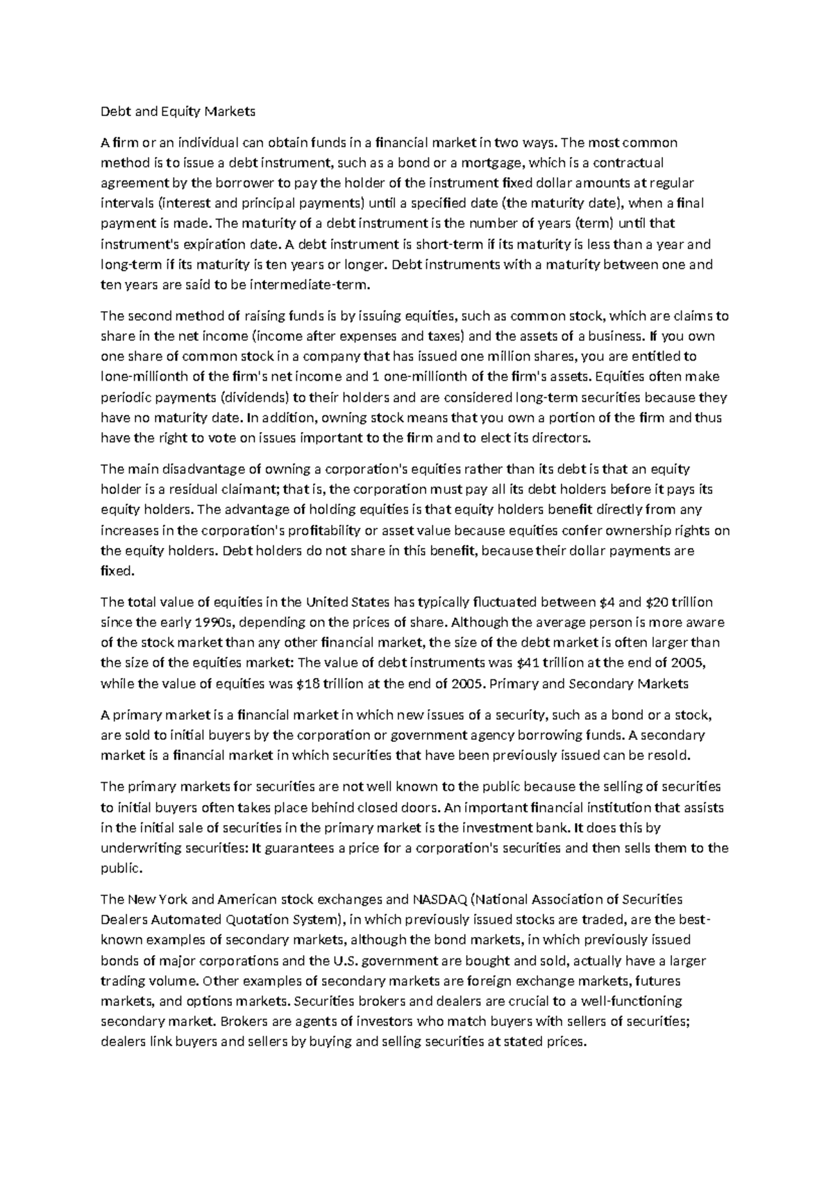 Debt and Equity Markets Overview in Finance 101: Key Concepts - Studocu