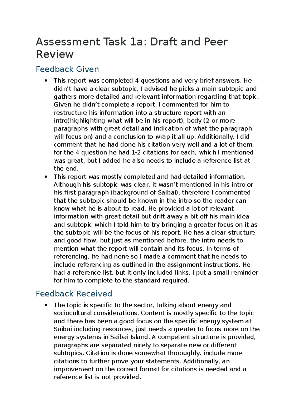 Assessment Task 1a: Draft and Peer Review Feedback Summary - Studocu