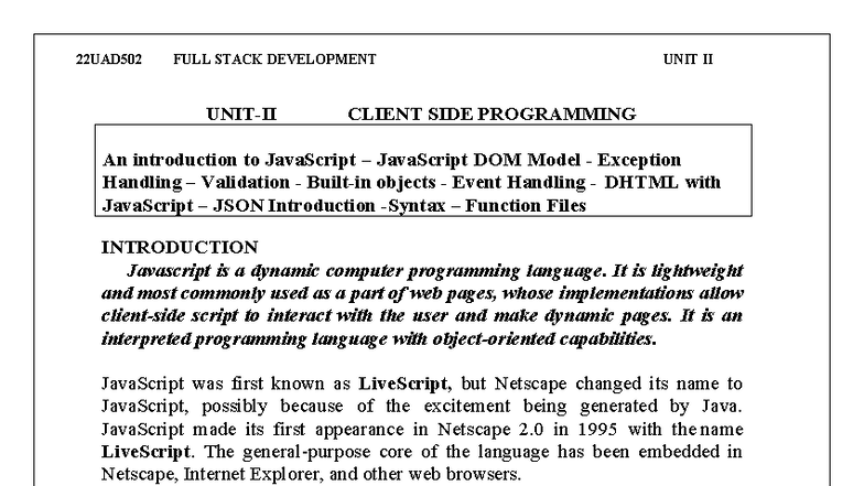 22UAD502 FULL STACK DEV: Unit II Client-Side Programming Notes - Studocu