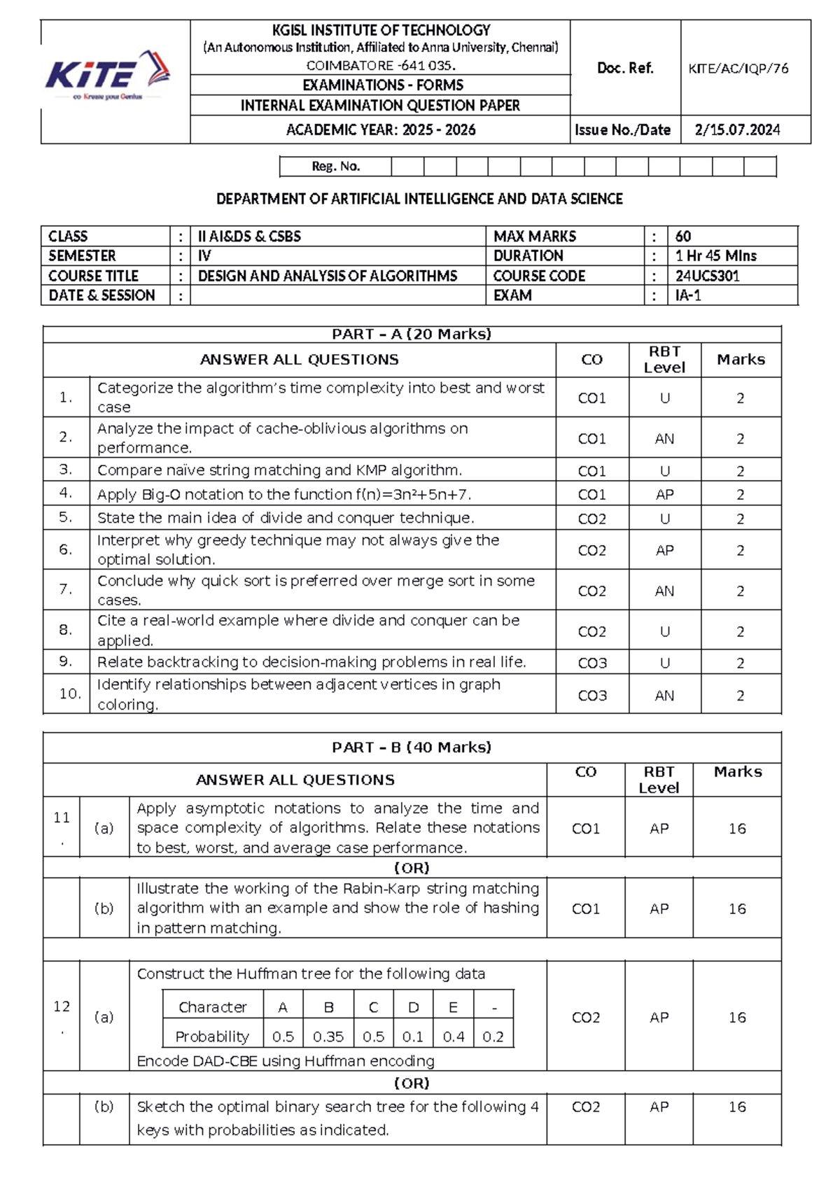24UCS301 - Internal Exam Question Paper on Design and Analysis of ...