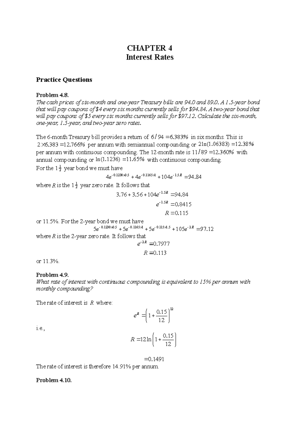 Hull Fund 8e Ch04 Problem Solutions: Interest Rates Explained - Studocu