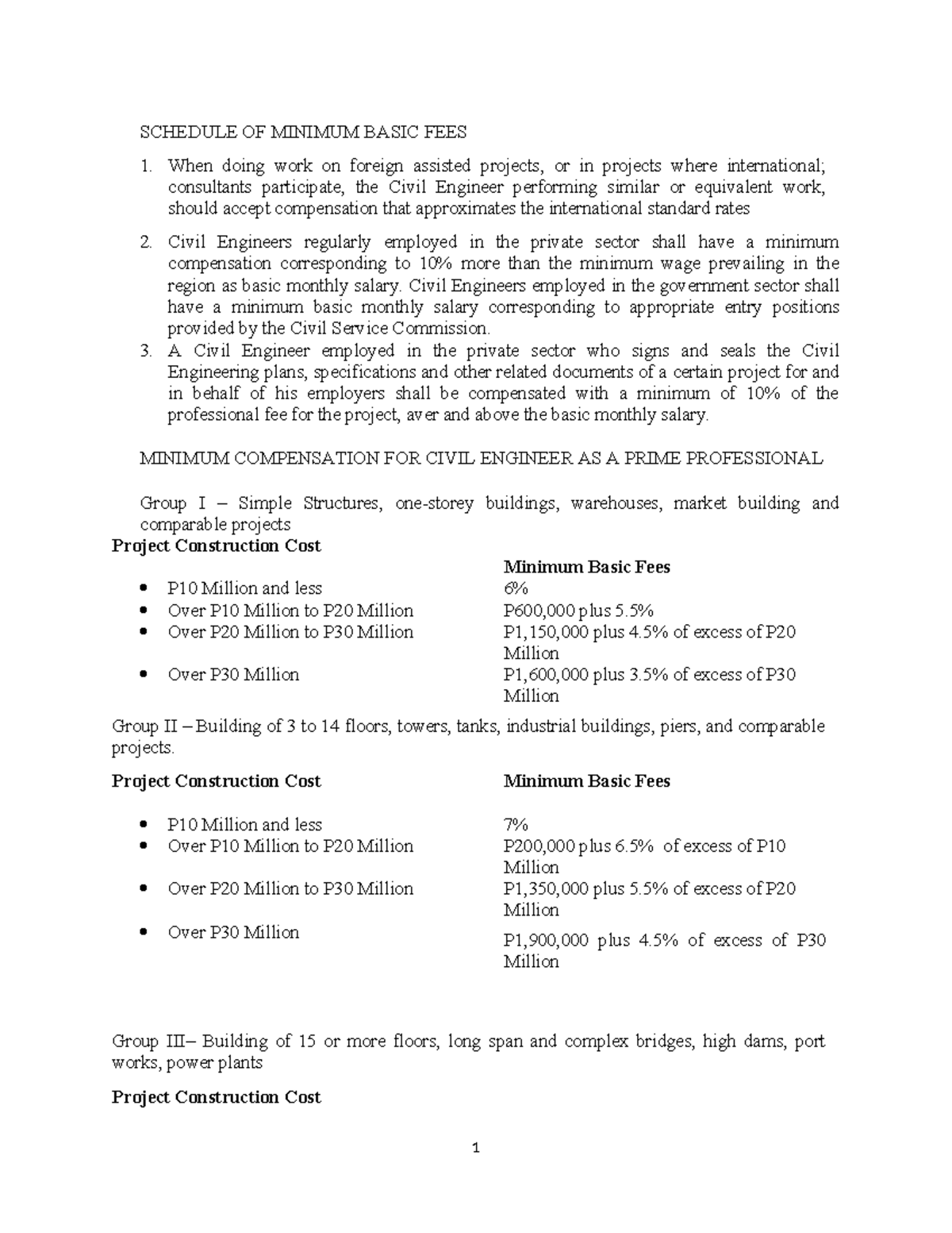 Minimum Basic Fees Schedule for Civil Engineers - Studocu