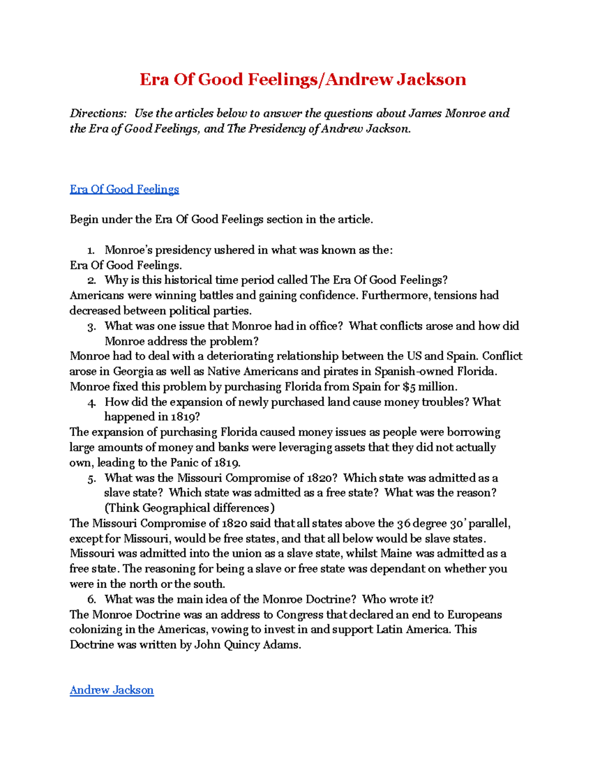 Era Of Good Feelings and Andrew Jackson - Era Of Good Feelings/Andrew ...