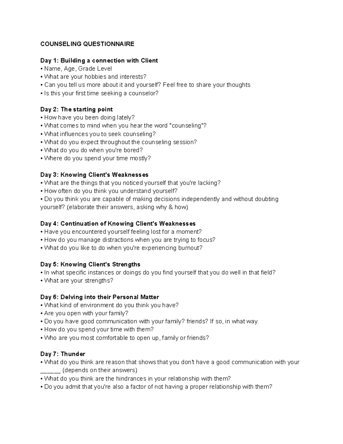 Counseling- Questionnaire - COUNSELING QUESTIONNAIRE Day 1: Building a ...