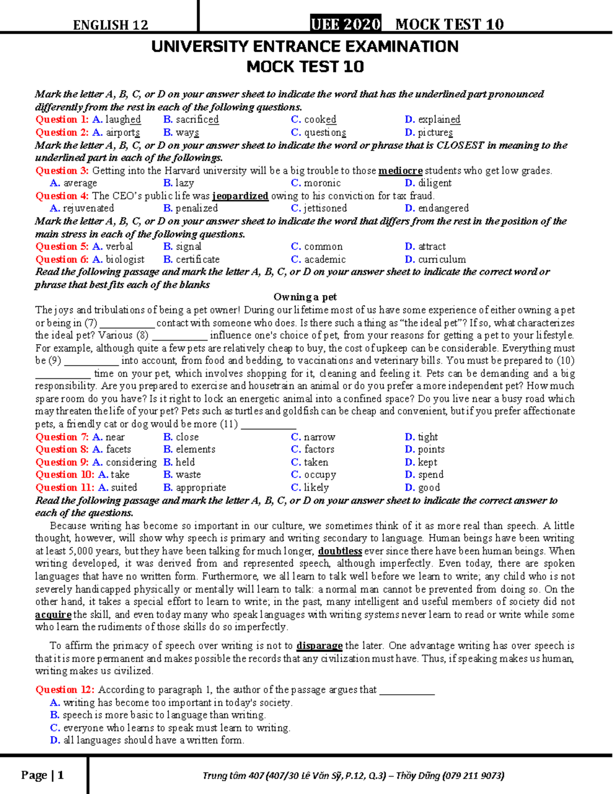 MOCK TEST 11 english test 113 - UNIVERSITY ENTRANCE EXAMINATION MOCK ...