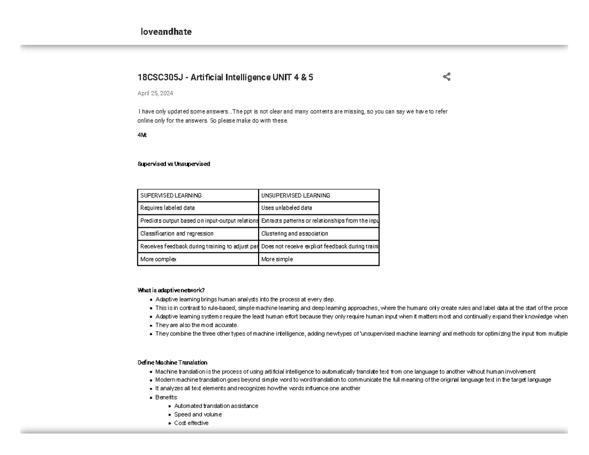 18CSC305J - AI Unit 4 & 5 Study Notes on Love and Hate - Studocu