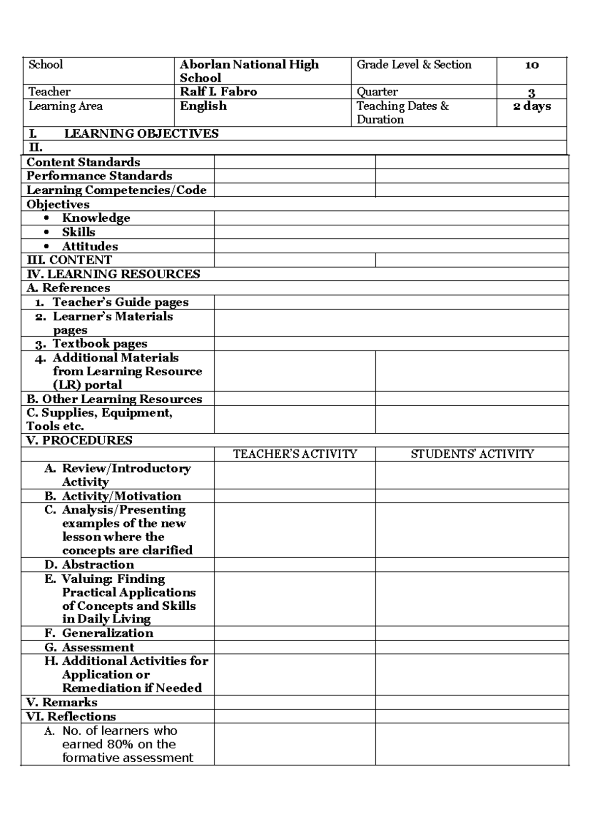 LP Format for English I - Learning Objectives & Procedures - Studocu