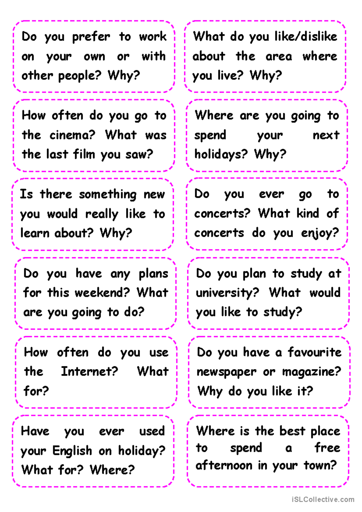 Speaking Cards 3 - General Questions - Do you prefer to work on your ...