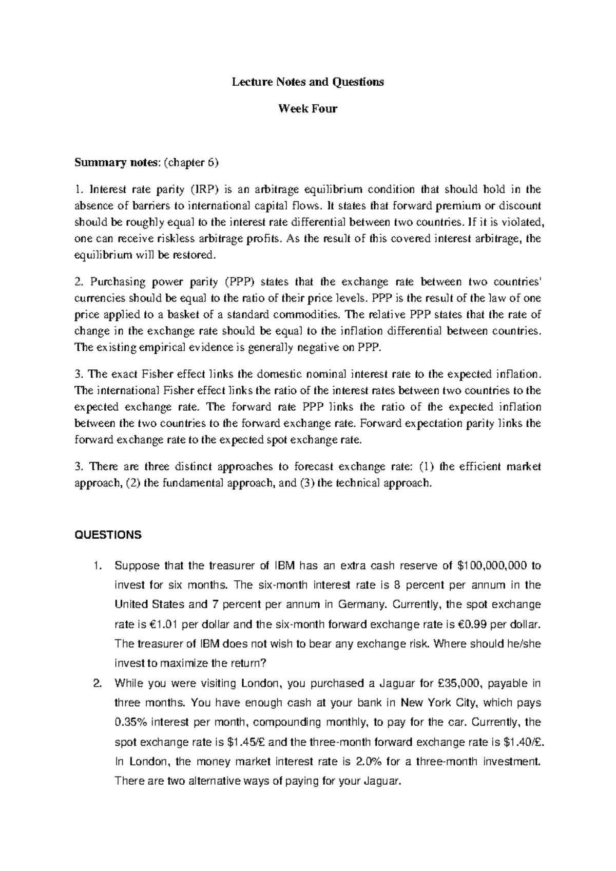Week 4 Lecture Notes: Interest Rate Parity & Exchange Rate Forecasting ...