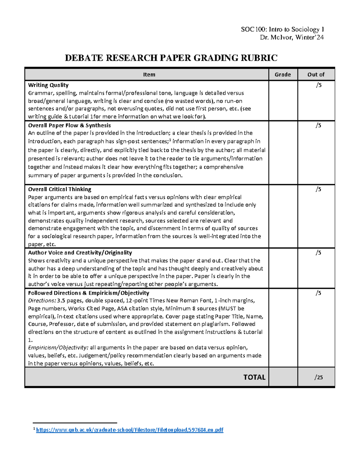 Debate Research Paper Grading Rubric - SOC100 - Dr. McIvor - Winter '24 ...