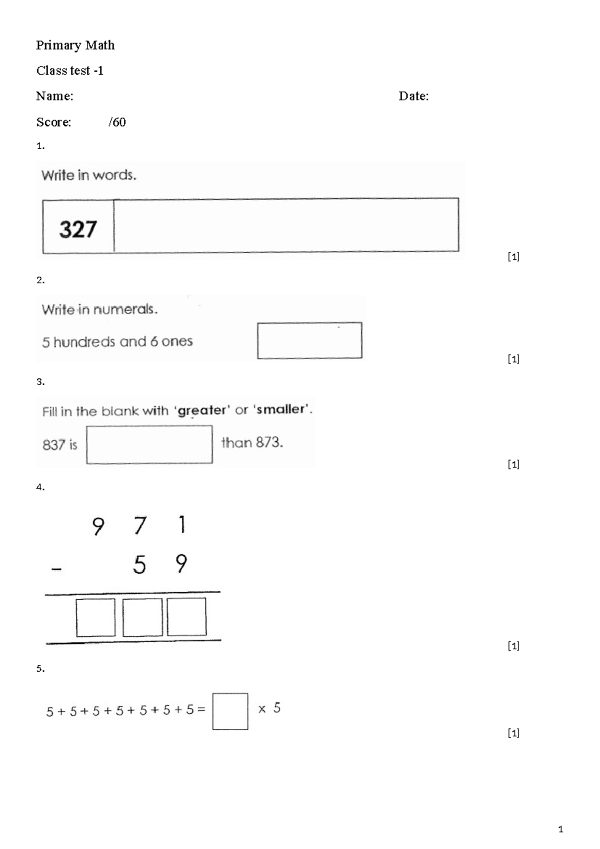 Class test 1 Math - matematicas - Primary Math Class test - Name: Date ...
