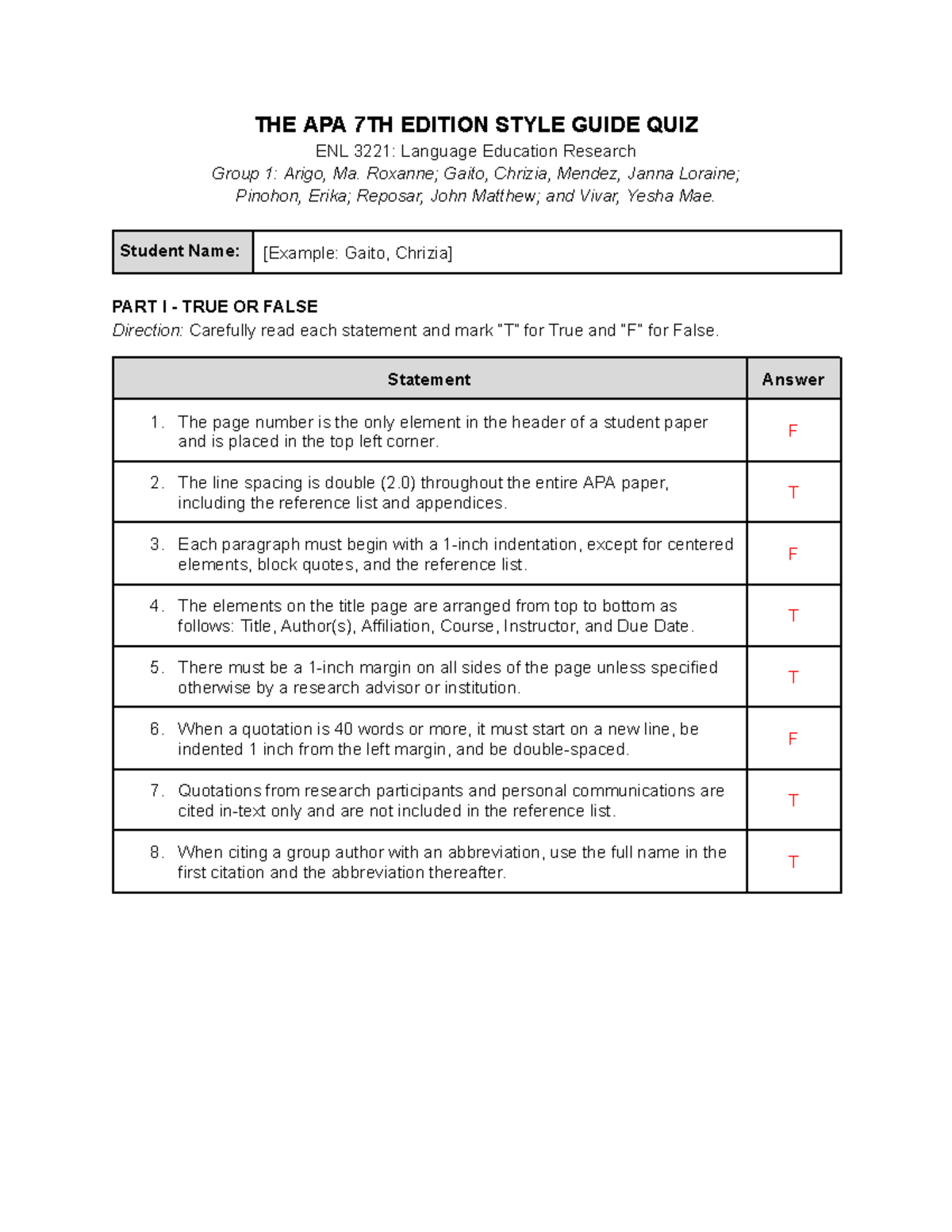 Group 1Quiz APA Answer Key - THE APA 7TH EDITION STYLE GUIDE QUIZ ENL ...