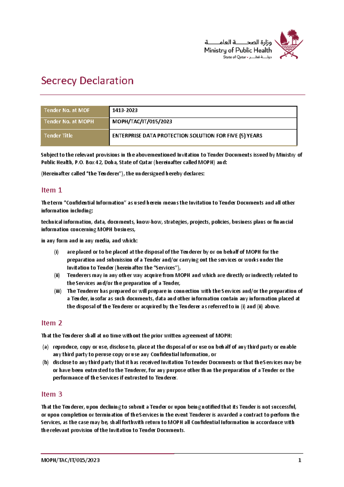 Secrecy Declaration for Tender MOPH/TAC/IT/015/2023 - Studocu