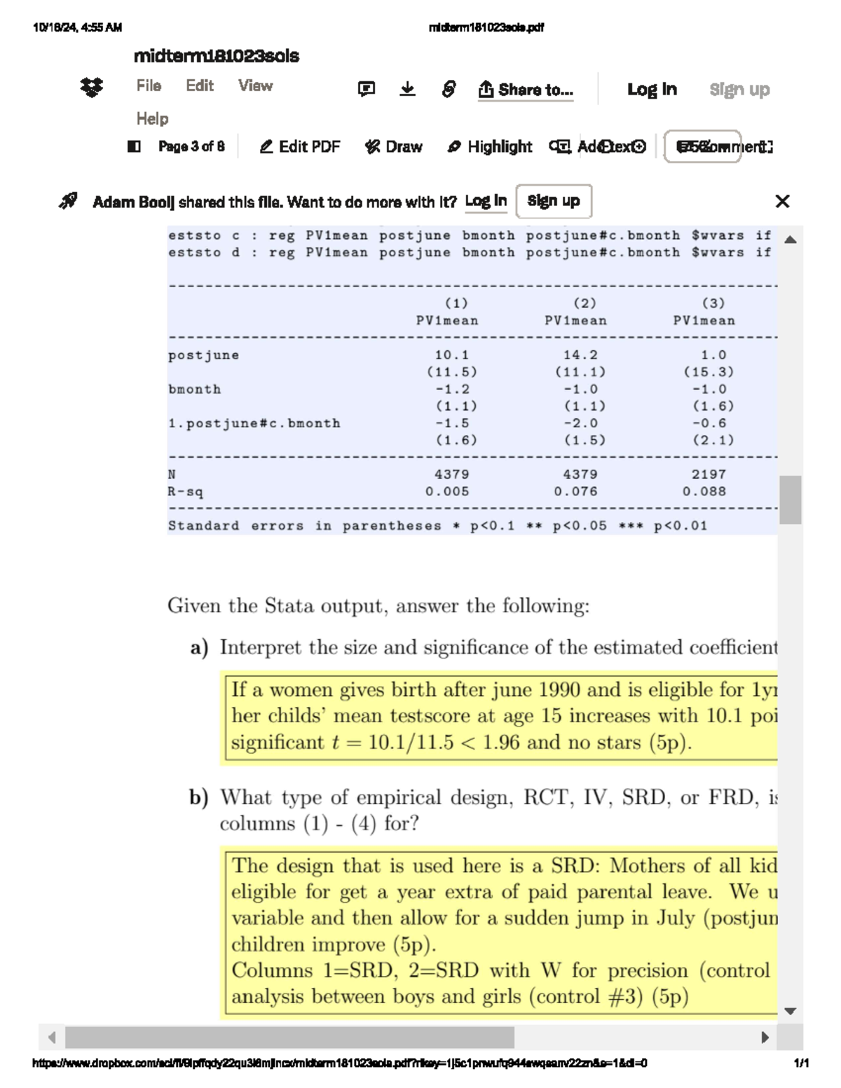 Econometrics Midterm Exam 24 - Detailed Solutions and Analysis ...