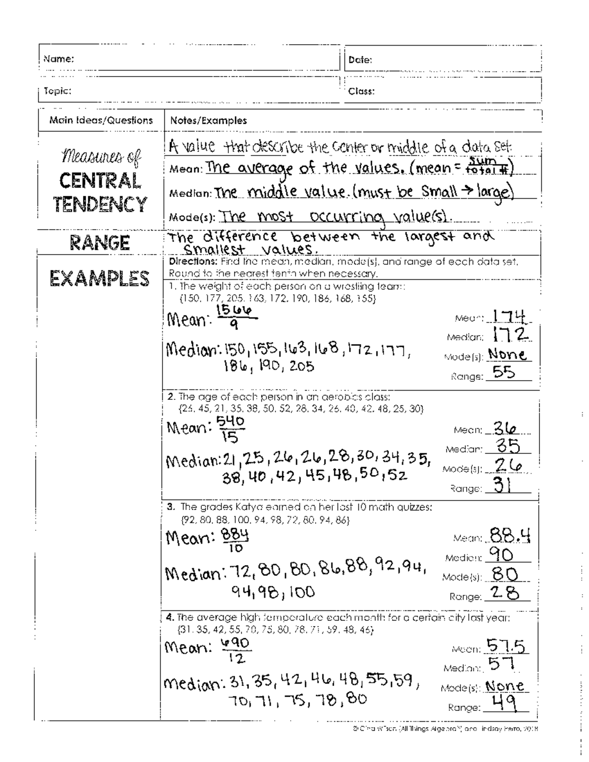 Measures of Center Notes Answer Key (Statistics Course) - Studocu