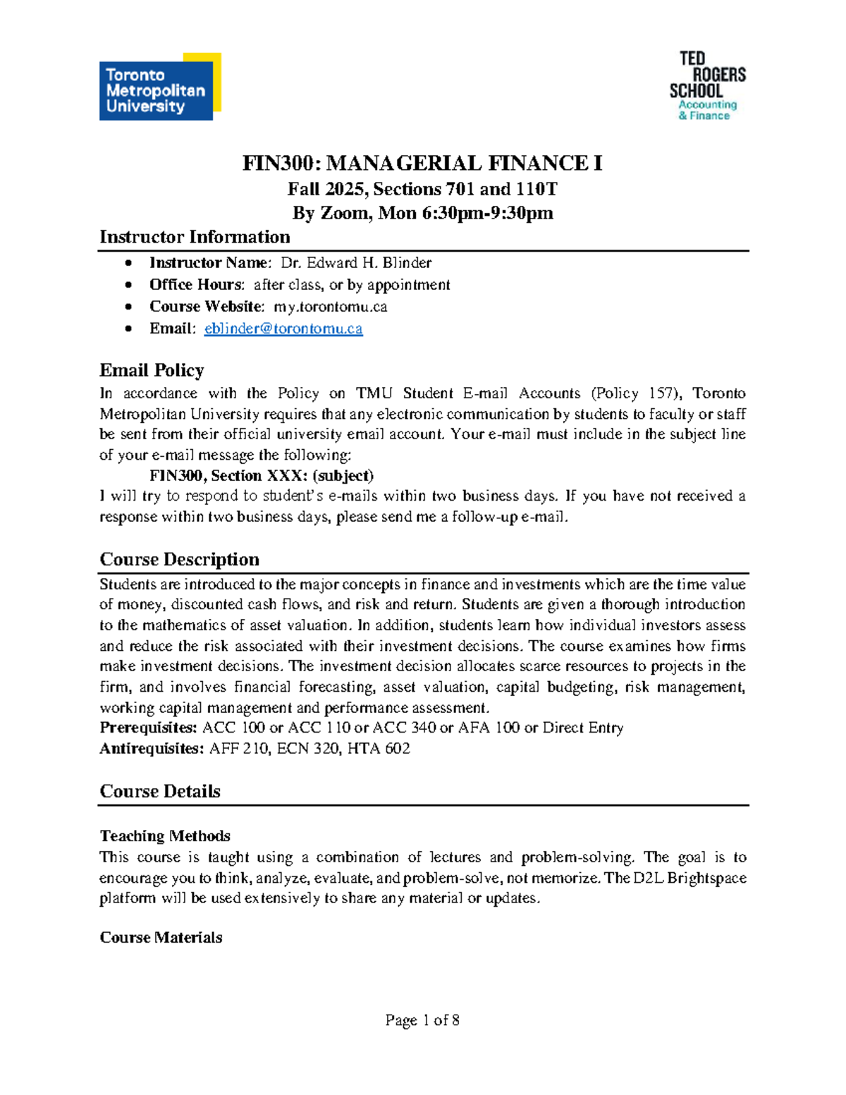 FIN300: Managerial Finance I Course Outline - Fall 2025 - Studocu