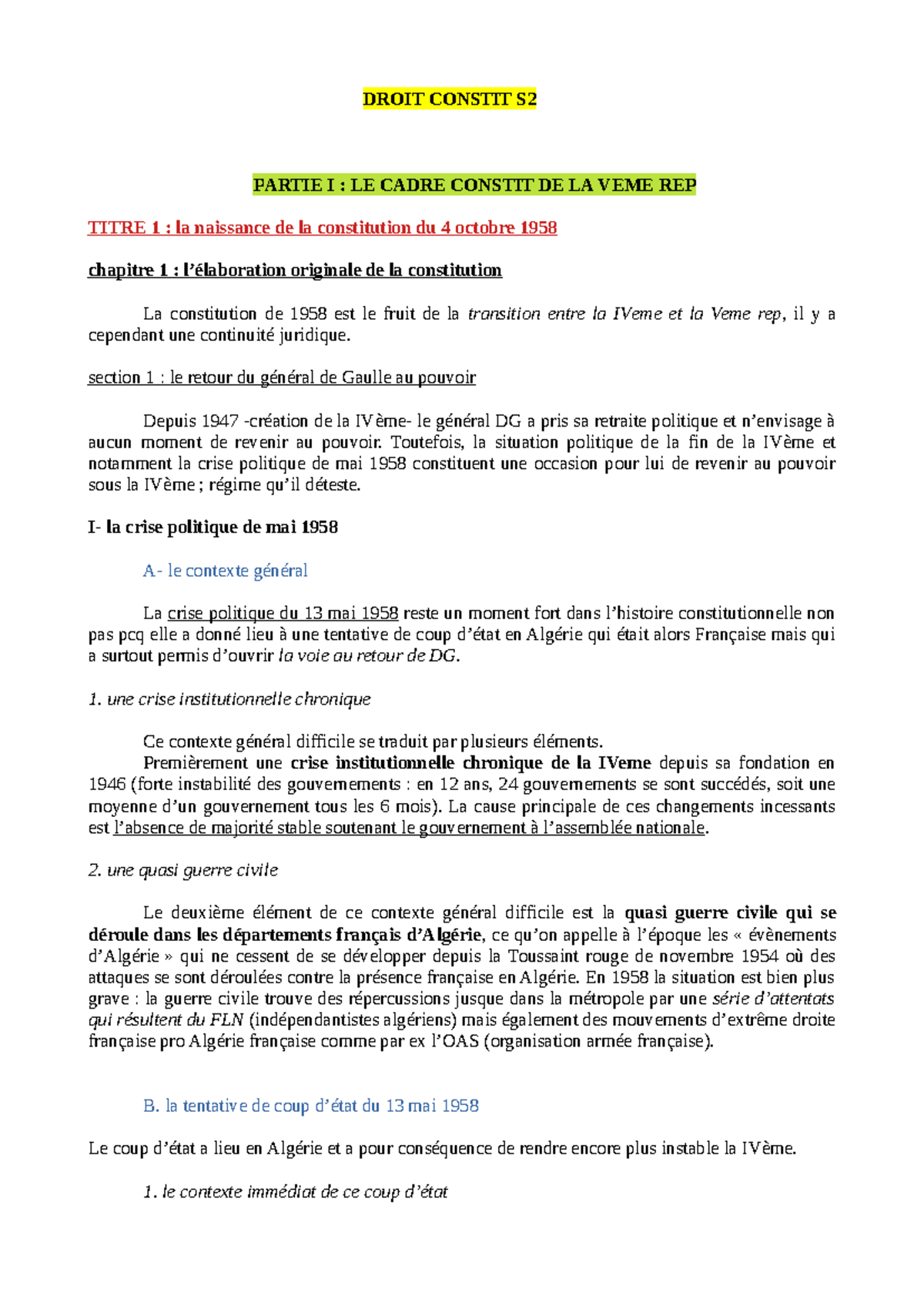 Constit - DROIT CONSTIT S PARTIE I : LE CADRE CONSTIT DE LA VEME REP ...