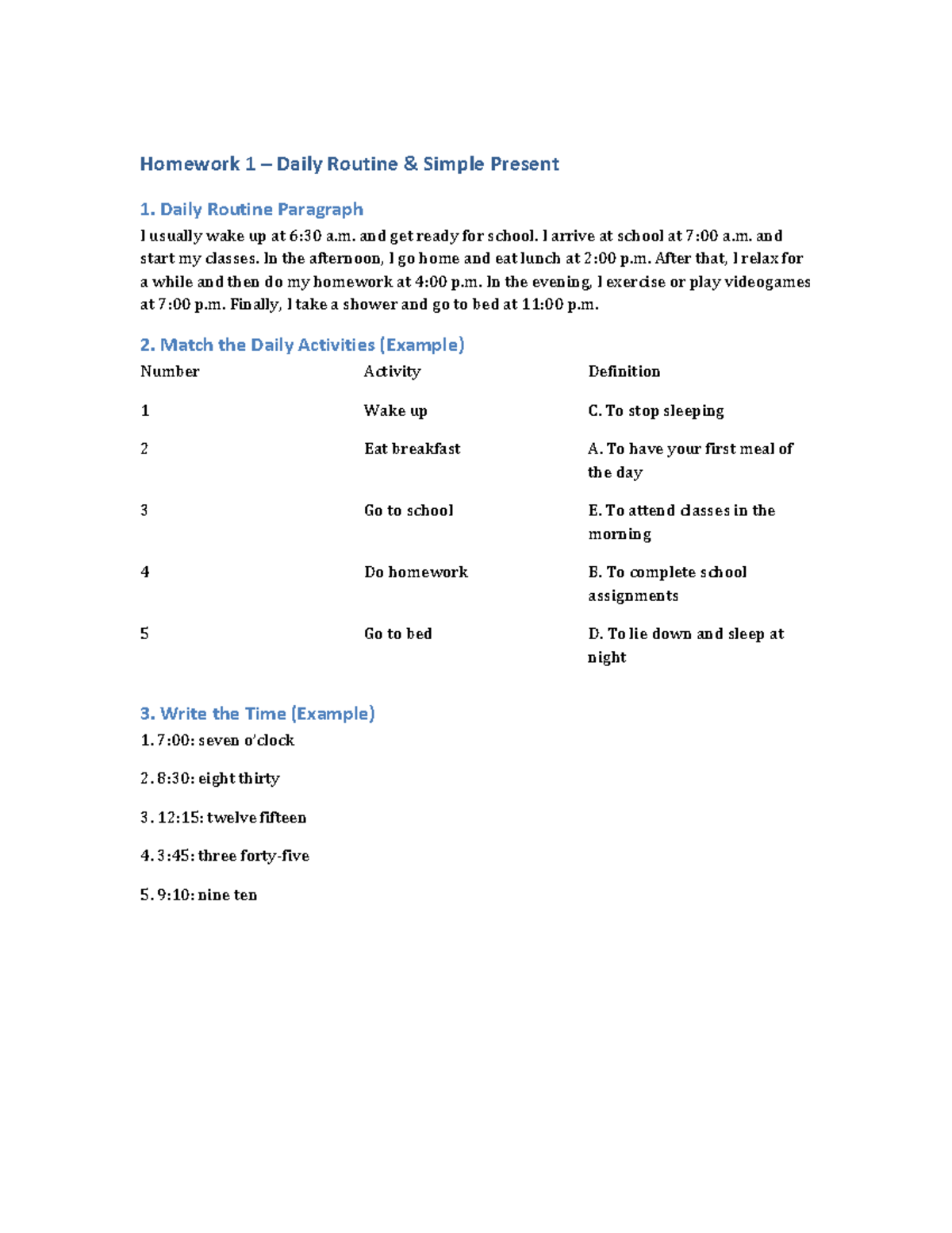 Homework 1: Daily Routine in Simple Present Tense - Studocu