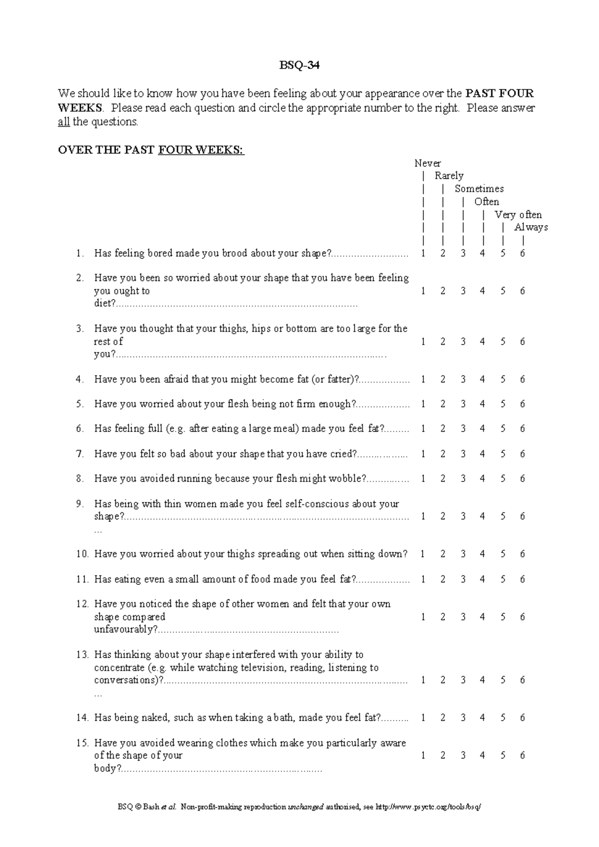 BSQ Test: Assessing Body Shape Concerns Over 4 Weeks - Studocu