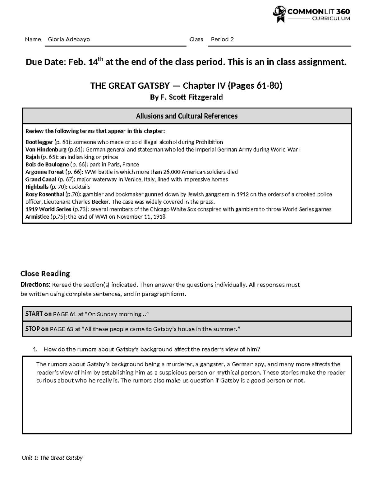 The Great Gatsby (ENG 101) Chapter IV Allusions & Cultural References ...
