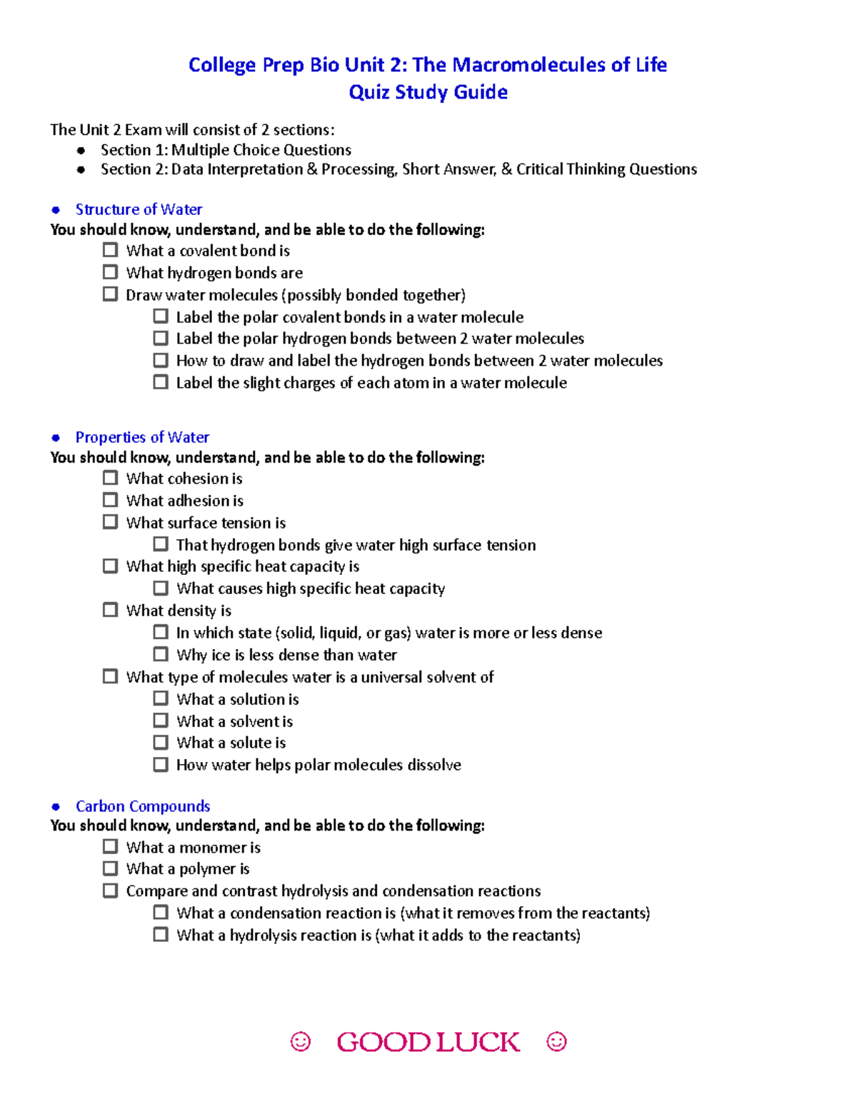 Quiz Study Guide: CP Bio Unit 2 - Macromolecules of Life - Studocu