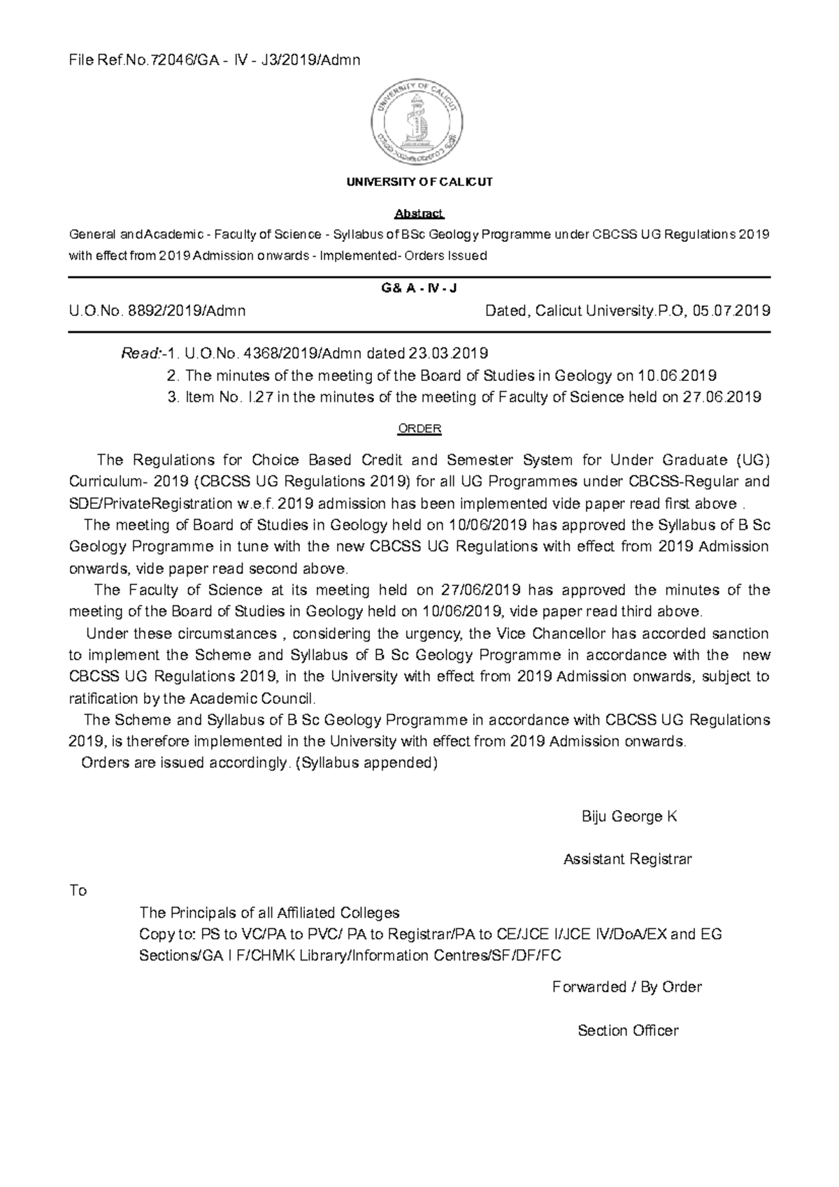 Syllabus for BSc Geology Programme (CBCSS UG 2019) at University of ...