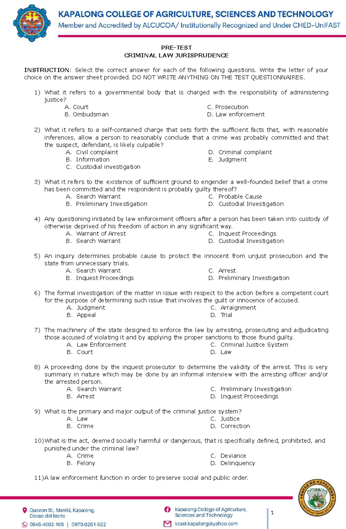 Pre-Test CLJ 2025: Sample Questionnaires in Criminal Law Jurisprudence ...
