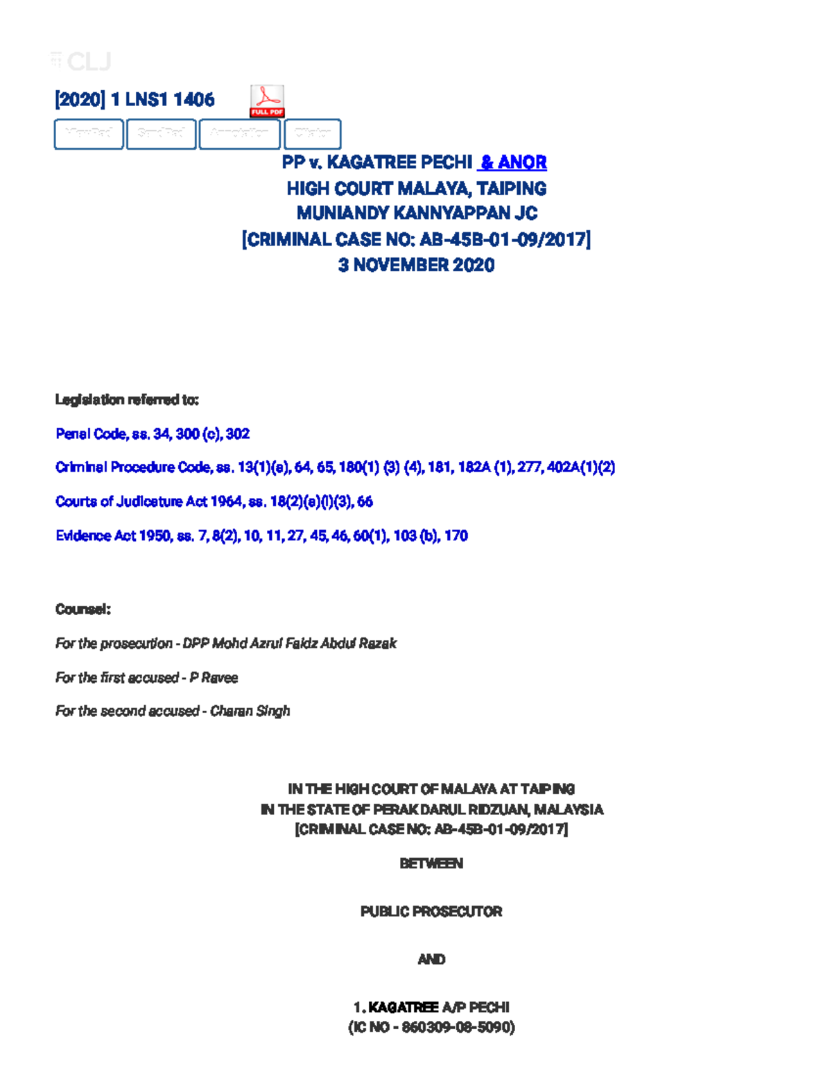 Case [2020] 1 LNS1 1406 - Detailed Analysis of Murder Conviction - Studocu