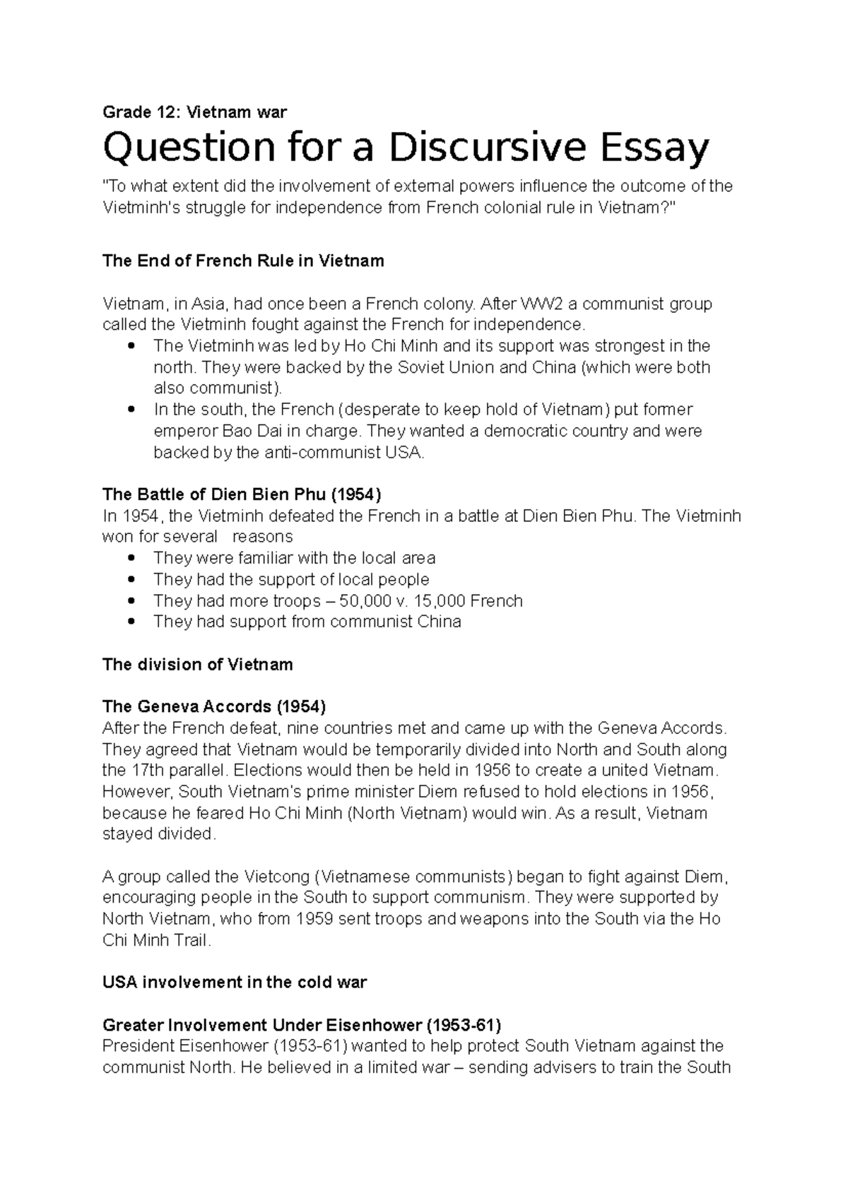 Vietnam War - Cold war - Grade 12: Vietnam war Question for a ...