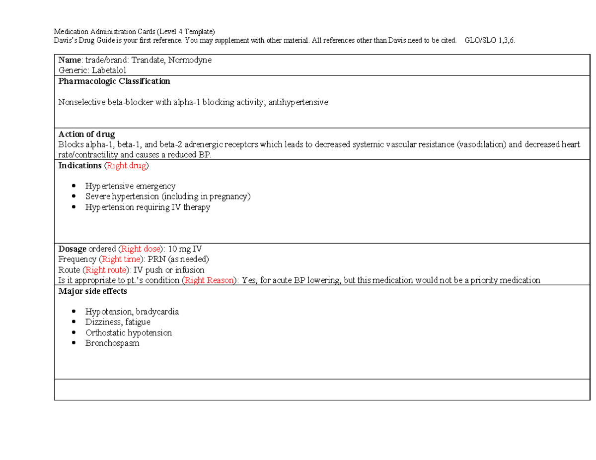 Medication Administration Card (Level 4) for Labetalol Drug Guide - Studocu