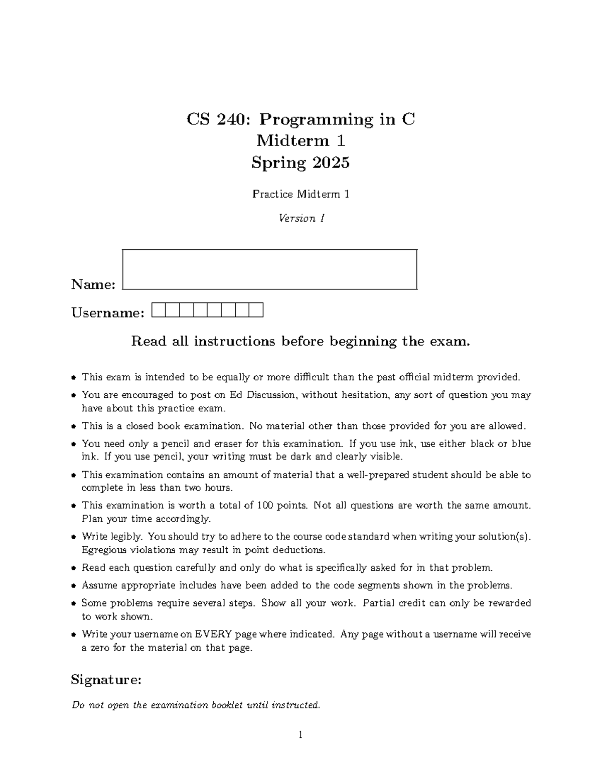 CS 240: Programming in C Midterm 1 Spring 2025 Practice Exam Version I ...