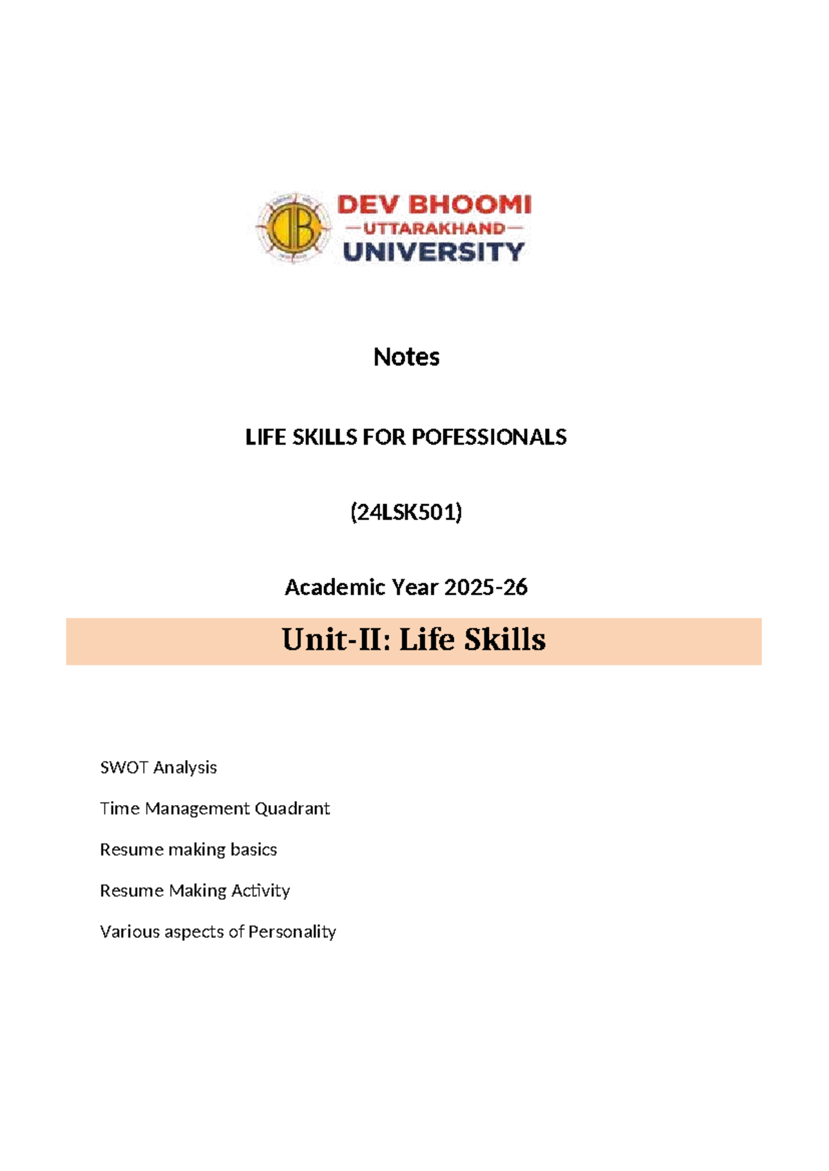 Life Skills Notes: SWOT & Time Management (24LSK501) - Studocu