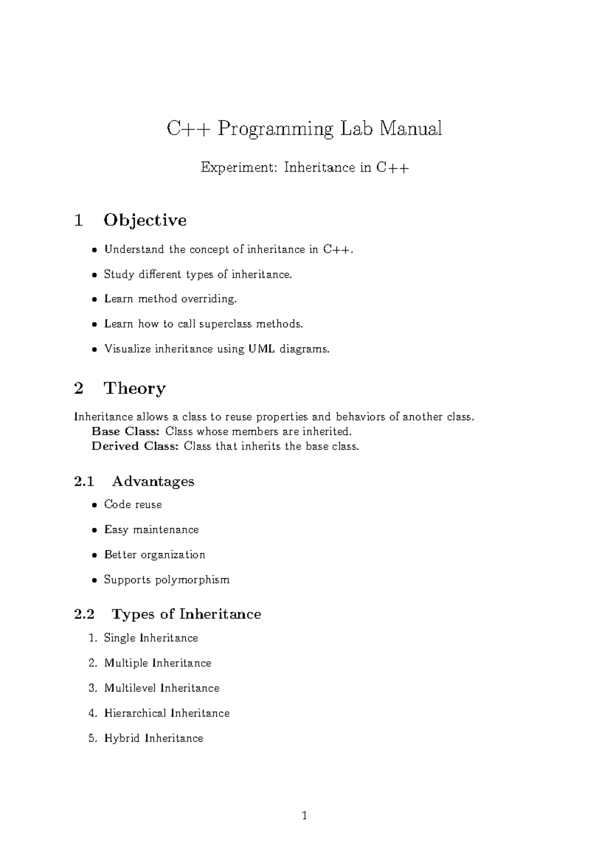 Programming Lab Manual: Inheritance Concepts and Types - Studocu