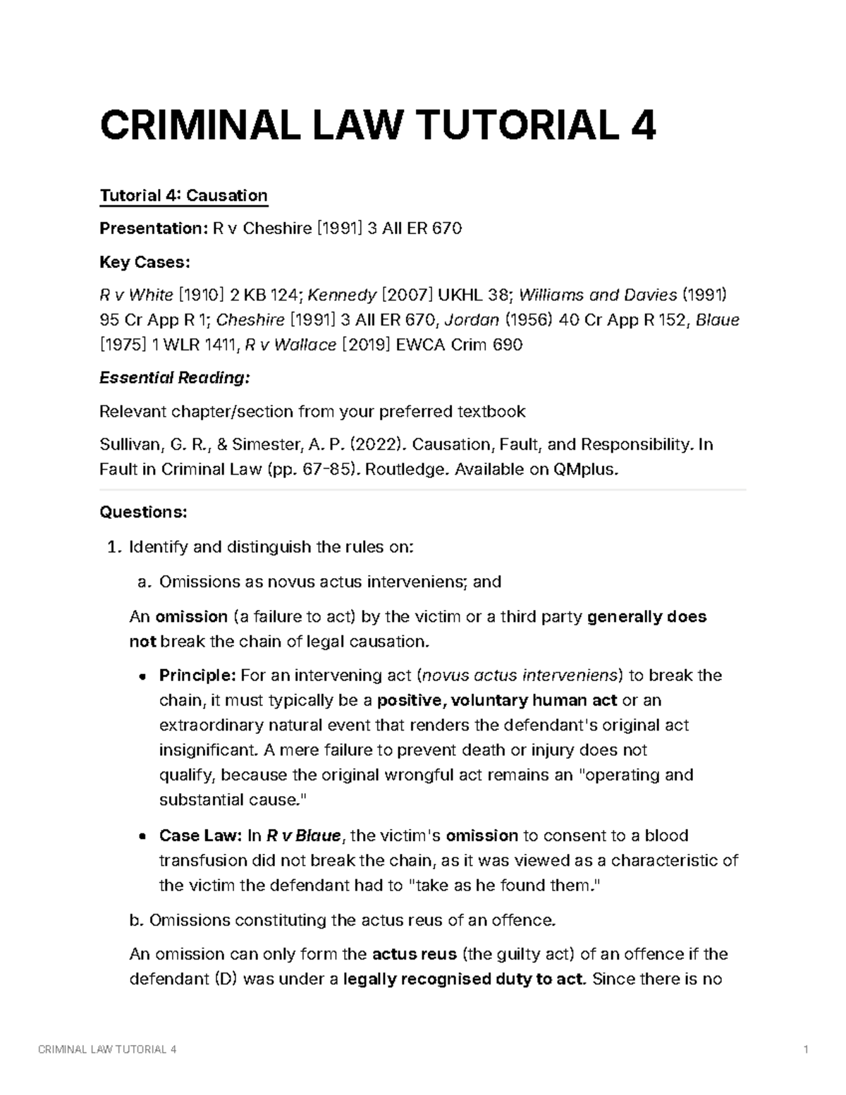 CRIMINAL LAW TUTORIAL 4: Causation and Key Case Analyses - Studocu