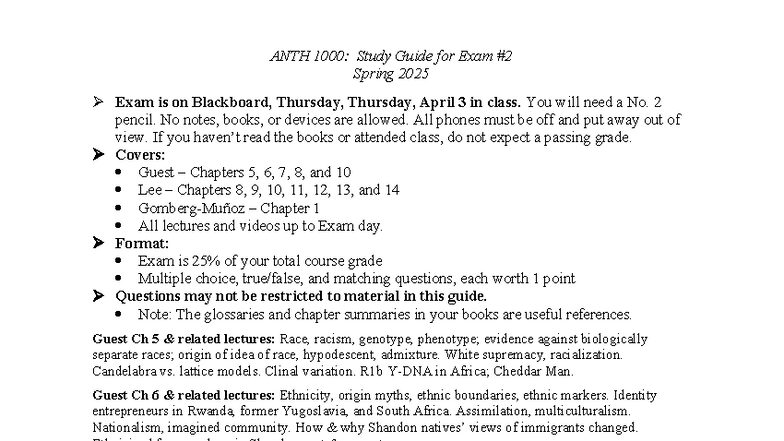 ANTH 1000: Comprehensive Study Guide for Exam #2 - Spring 2025 - Studocu