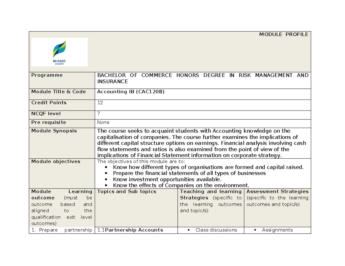 Module Profile: Accounting IB (CAC1208) Overview and Learning Outcomes ...